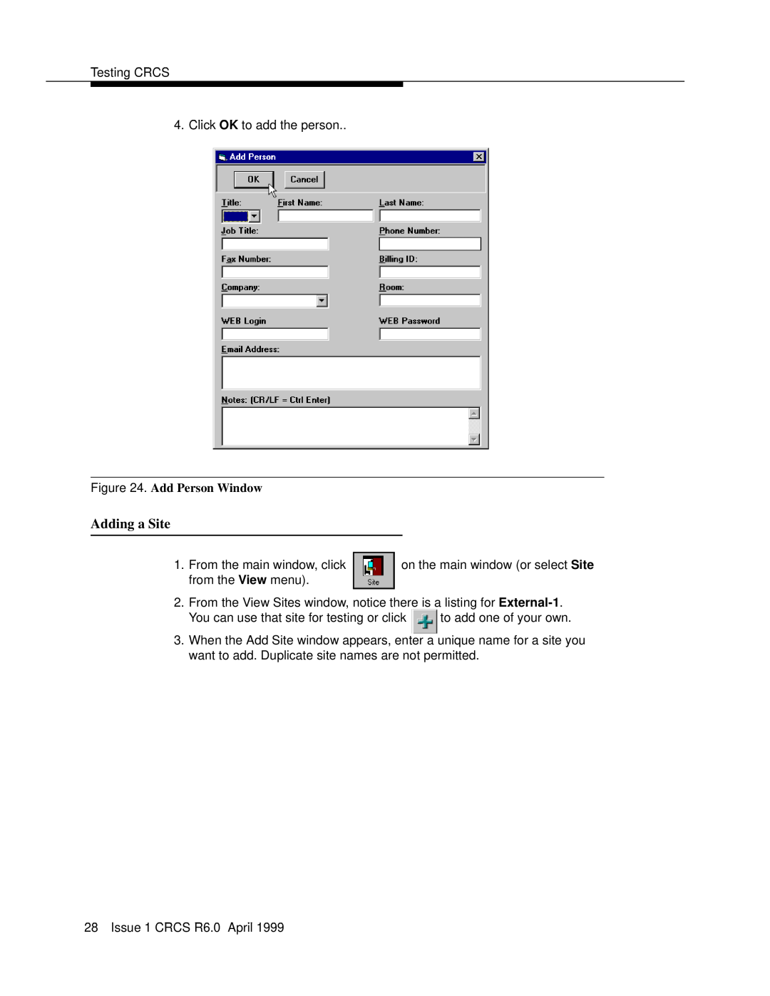Lucent Technologies 6 manual Adding a Site, Add Person Window 