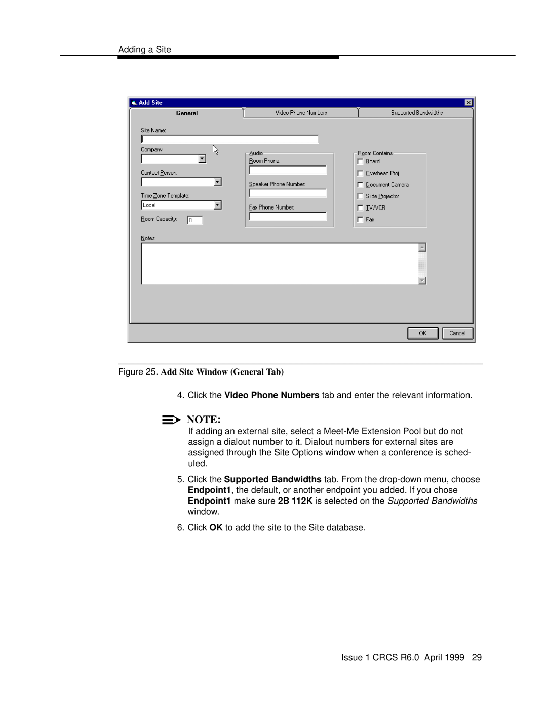 Lucent Technologies 6 manual Add Site Window General Tab 