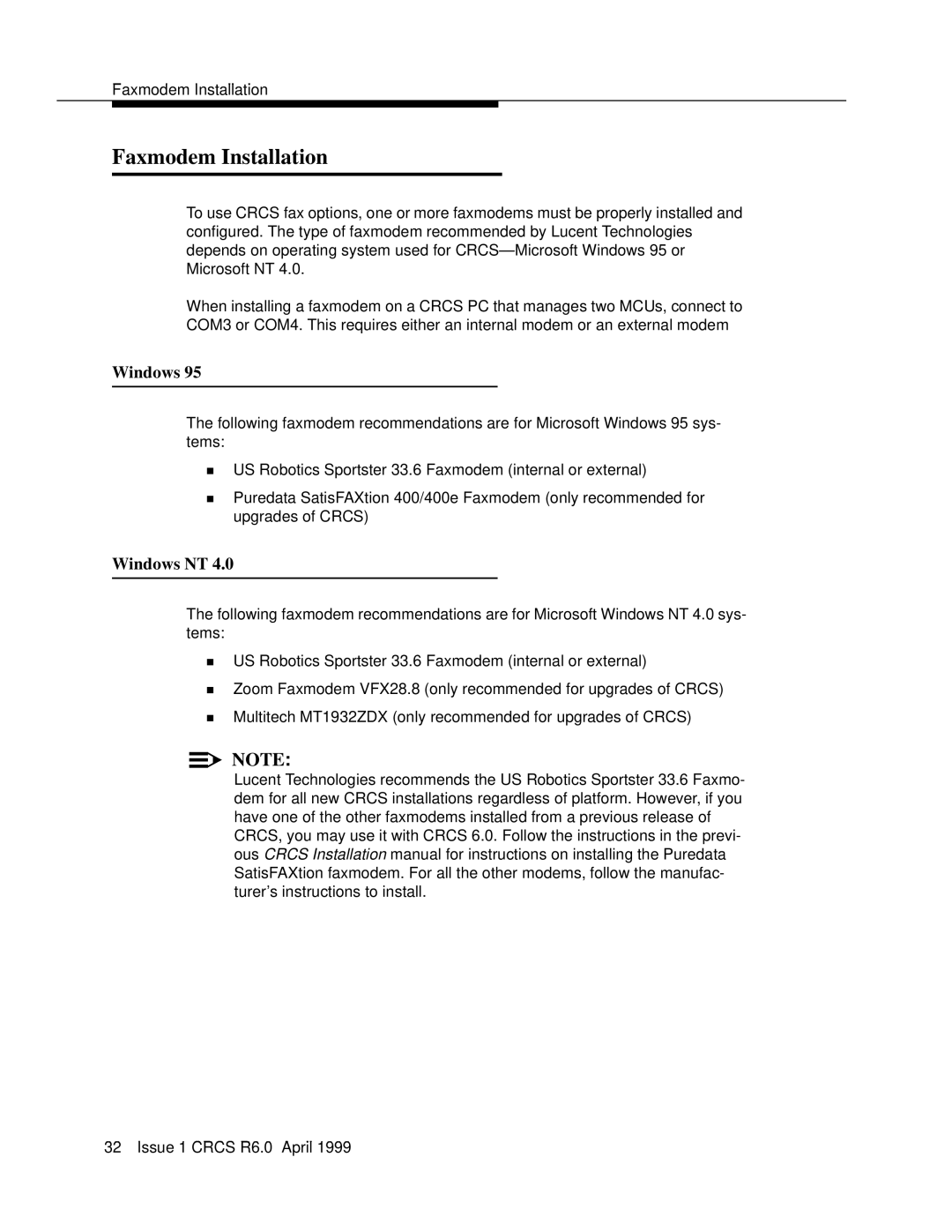 Lucent Technologies 6 manual Faxmodem Installation, Windows NT 