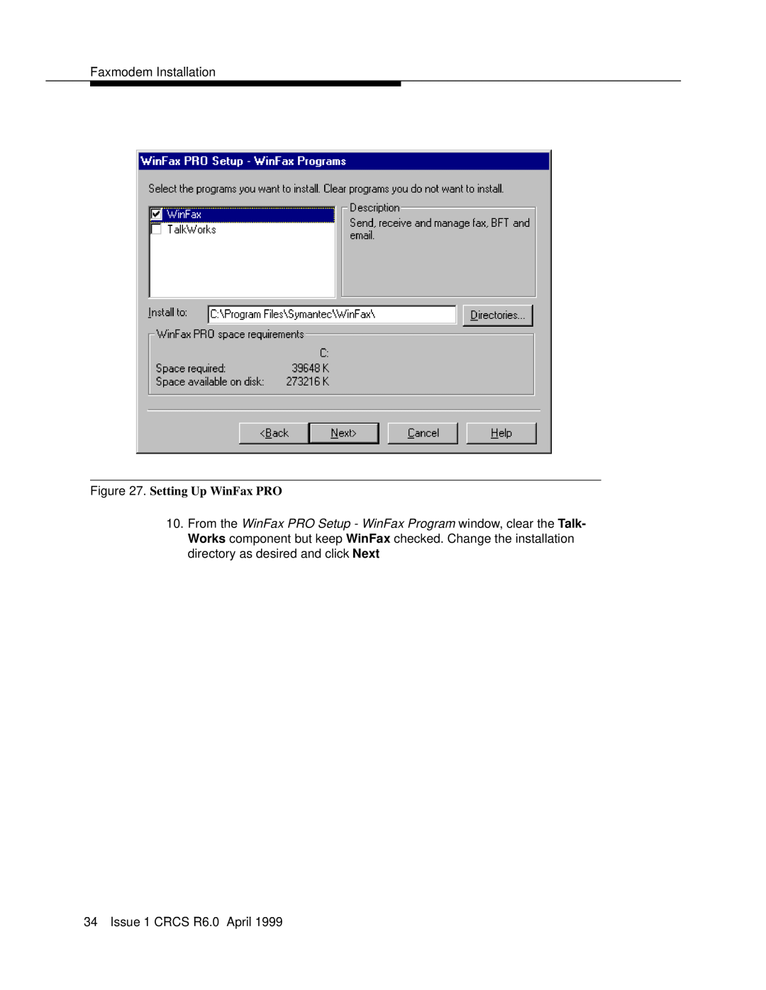Lucent Technologies manual Faxmodem Installation, Setting Up WinFax PRO, Issue 1 CRCS R6.0 April 