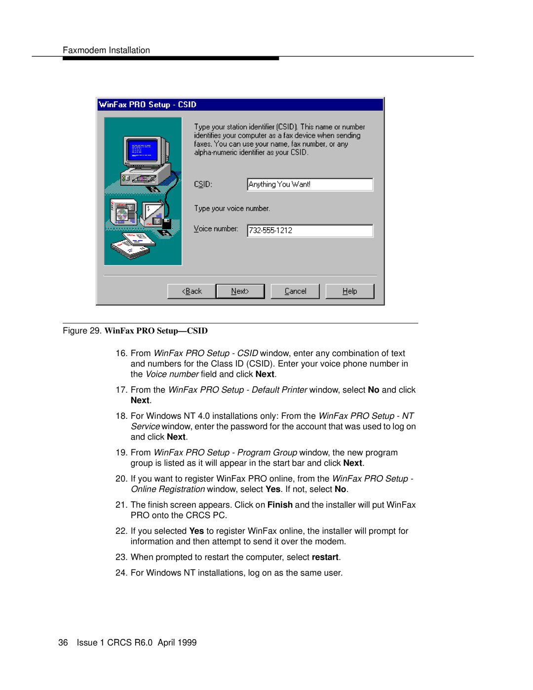 Lucent Technologies 6 manual WinFax PRO Setup—CSID 