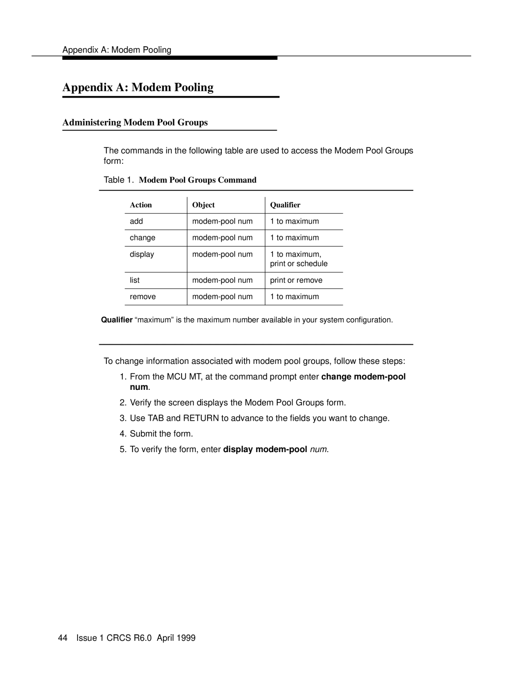Lucent Technologies 6 manual Appendix A: Modem Pooling, Administering Modem Pool Groups 