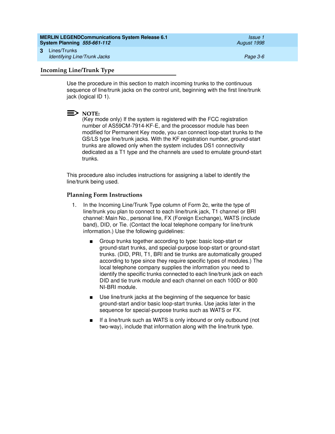 Lucent Technologies 6.1 manual Incoming Line/Trunk Type 