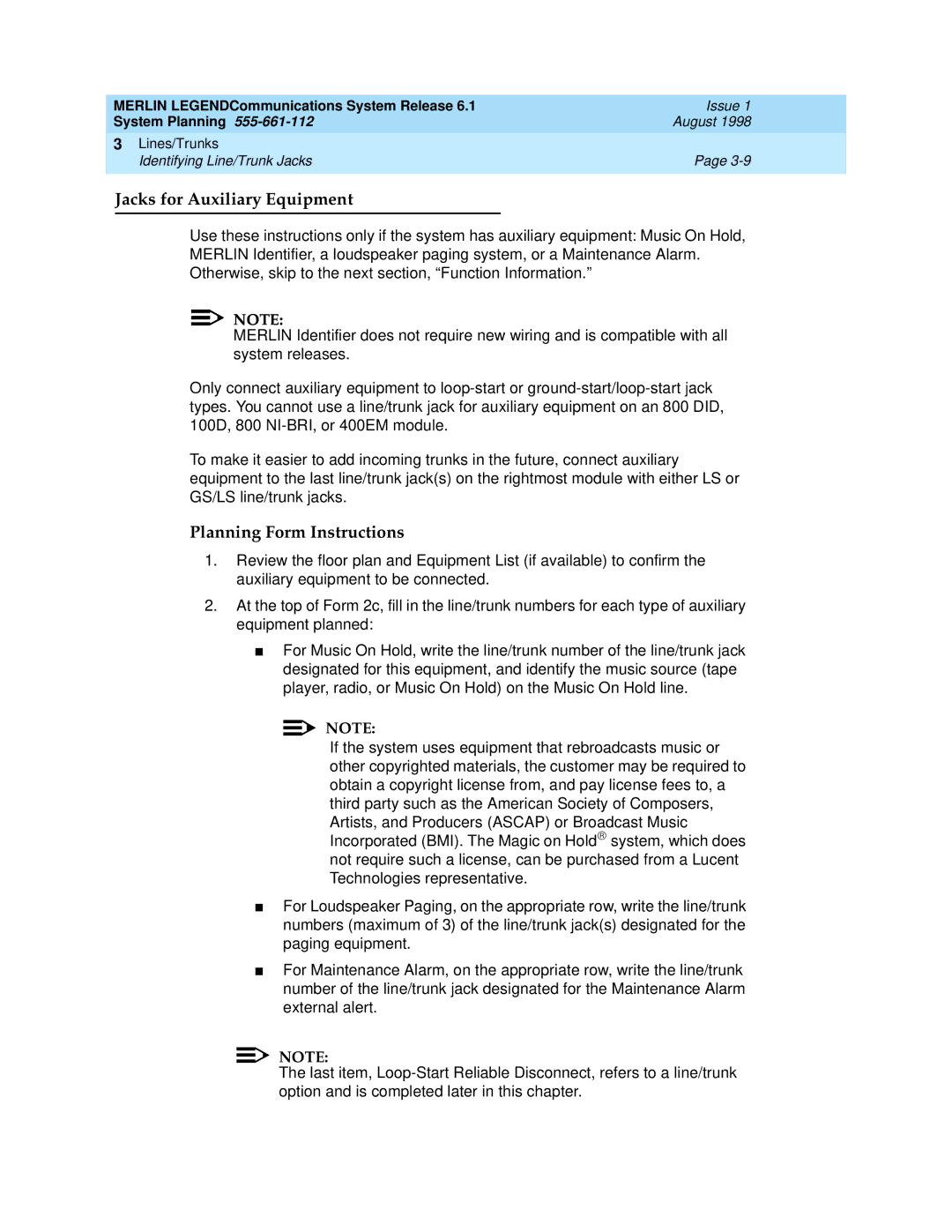 Lucent Technologies 6.1 manual Jacks for Auxiliary Equipment, Planning Form Instructions 