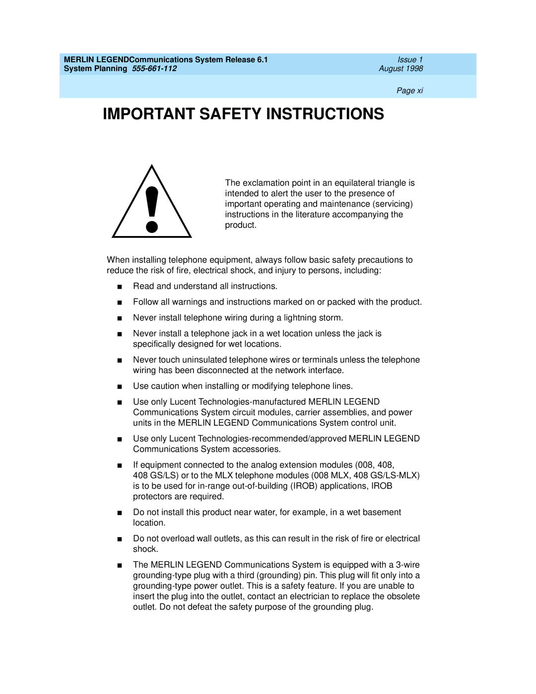 Lucent Technologies 6.1 manual Important Safety Instructions 