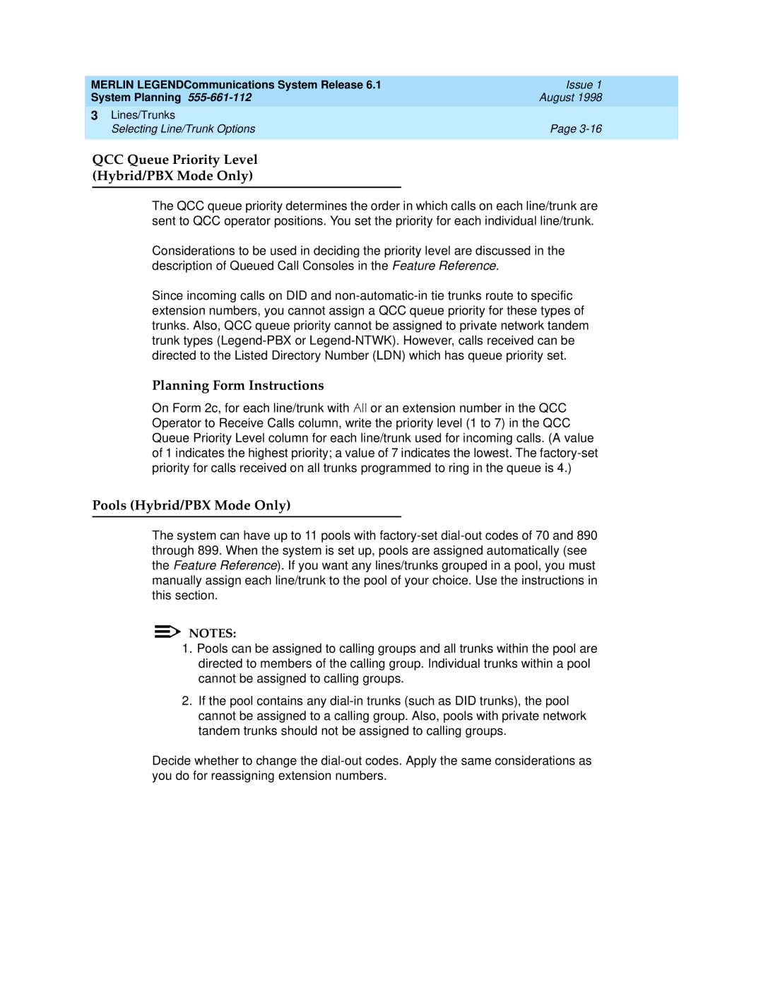 Lucent Technologies 6.1 manual QCC Queue Priority Level Hybrid/PBX Mode Only, Pools Hybrid/PBX Mode Only 