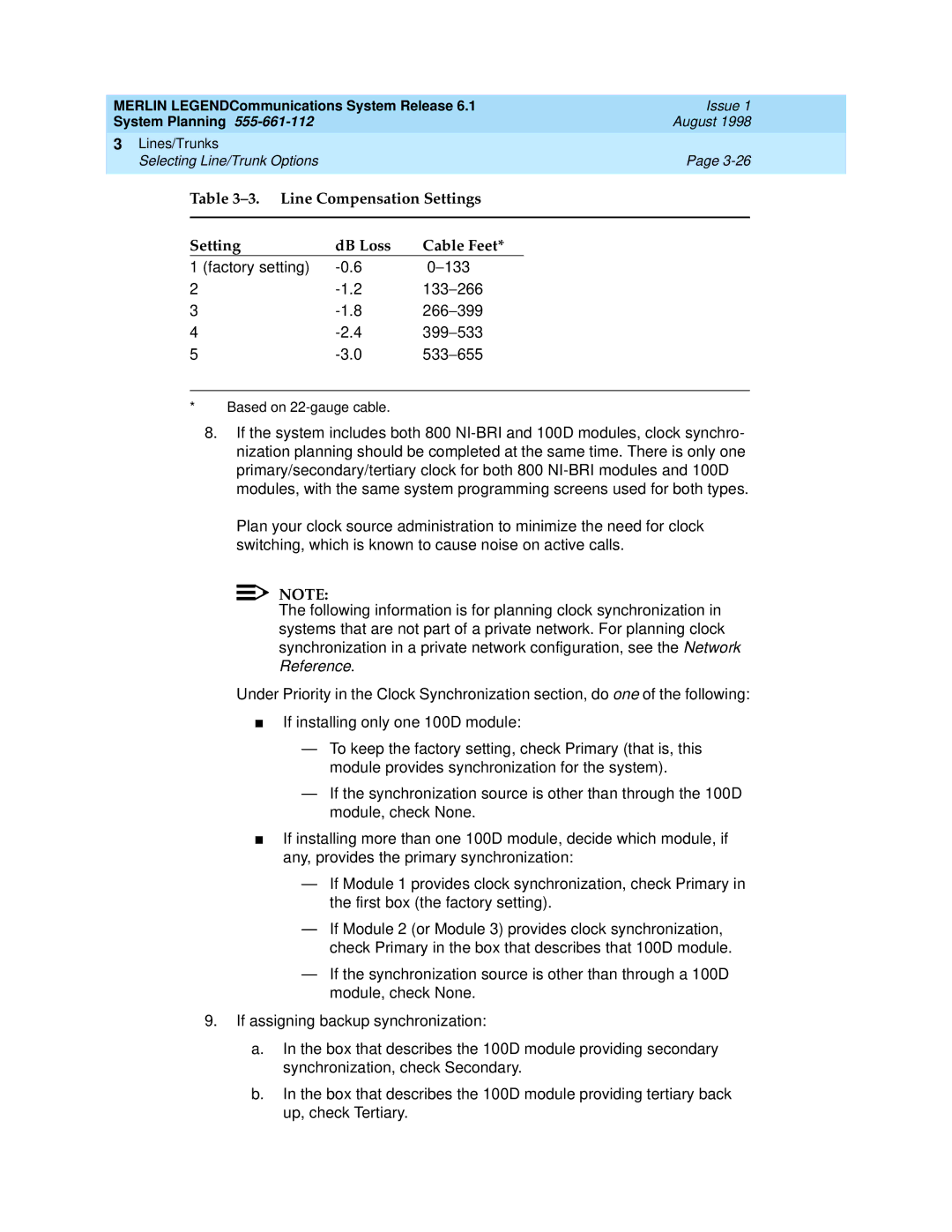 Lucent Technologies 6.1 manual Line Compensation Settings DB Loss Cable Feet 