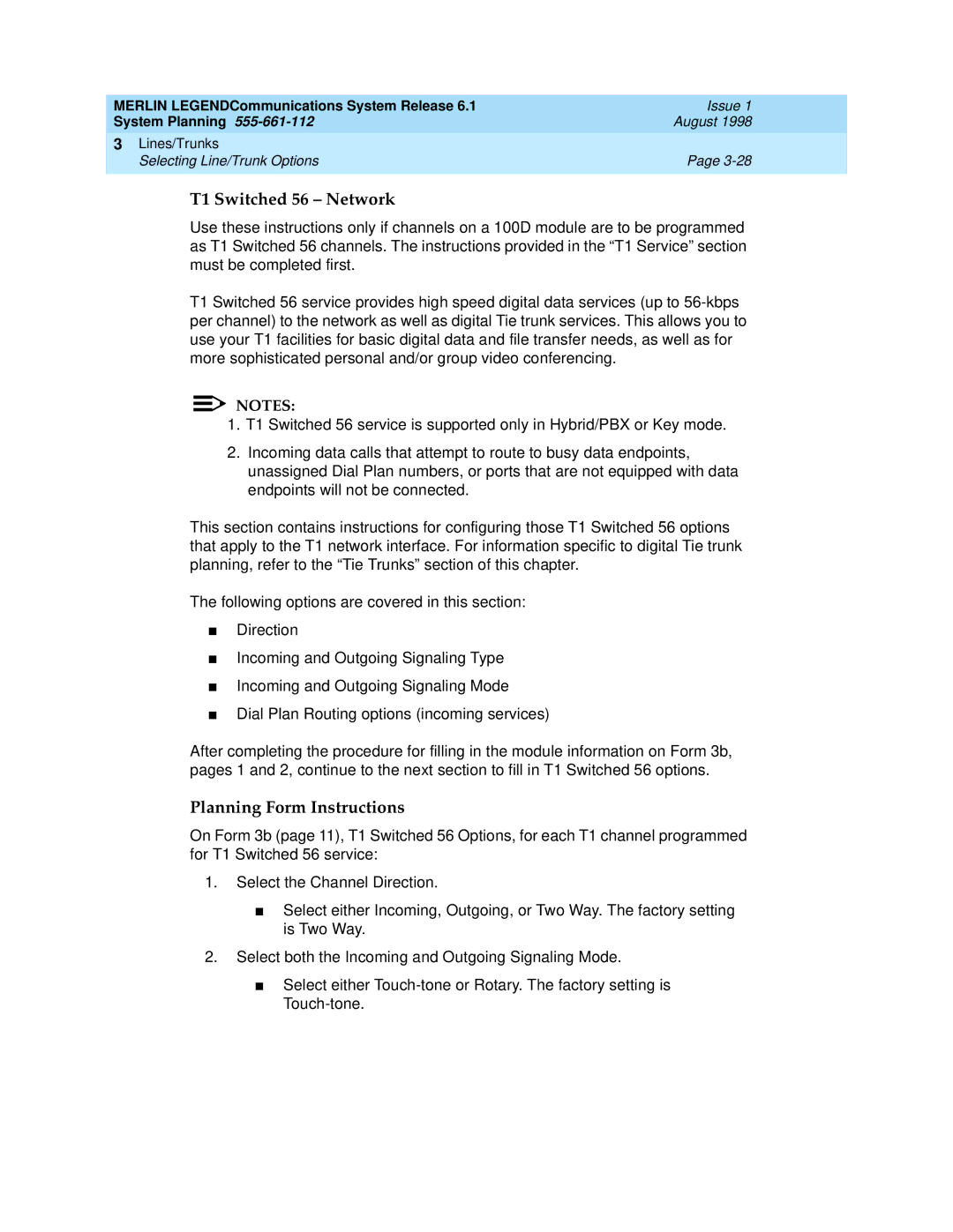 Lucent Technologies 6.1 manual T1 Switched 56 Network, Planning Form Instructions 