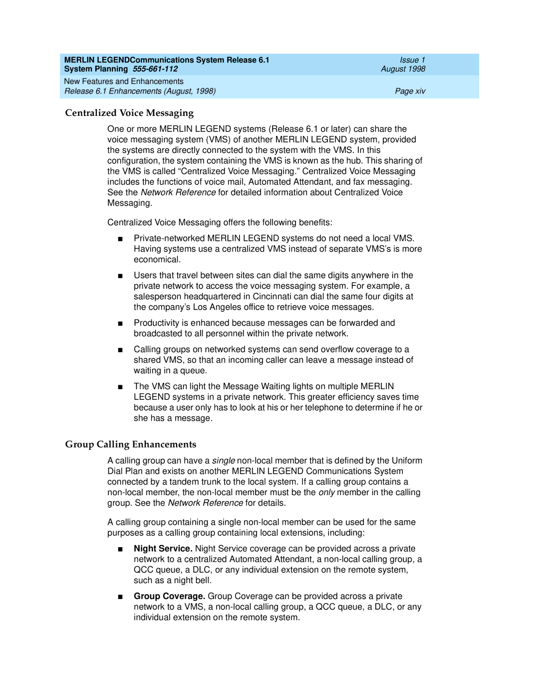 Lucent Technologies 6.1 manual Centralized Voice Messaging, Group Calling Enhancements 