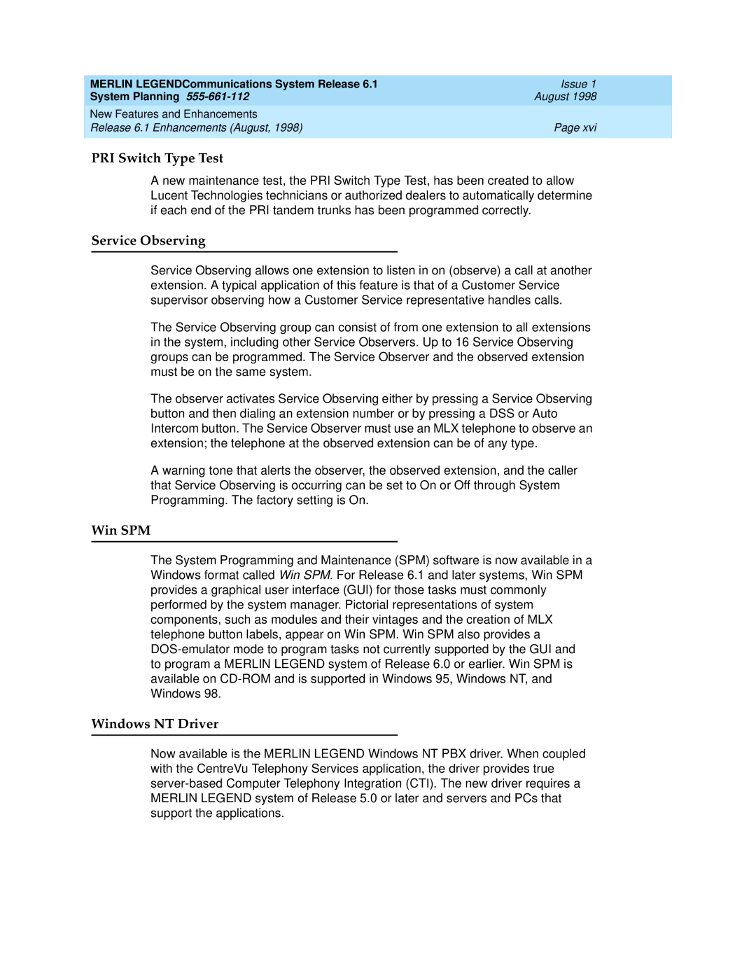 Lucent Technologies 6.1 manual PRI Switch Type Test, Service Observing, Win SPM, Windows NT Driver 