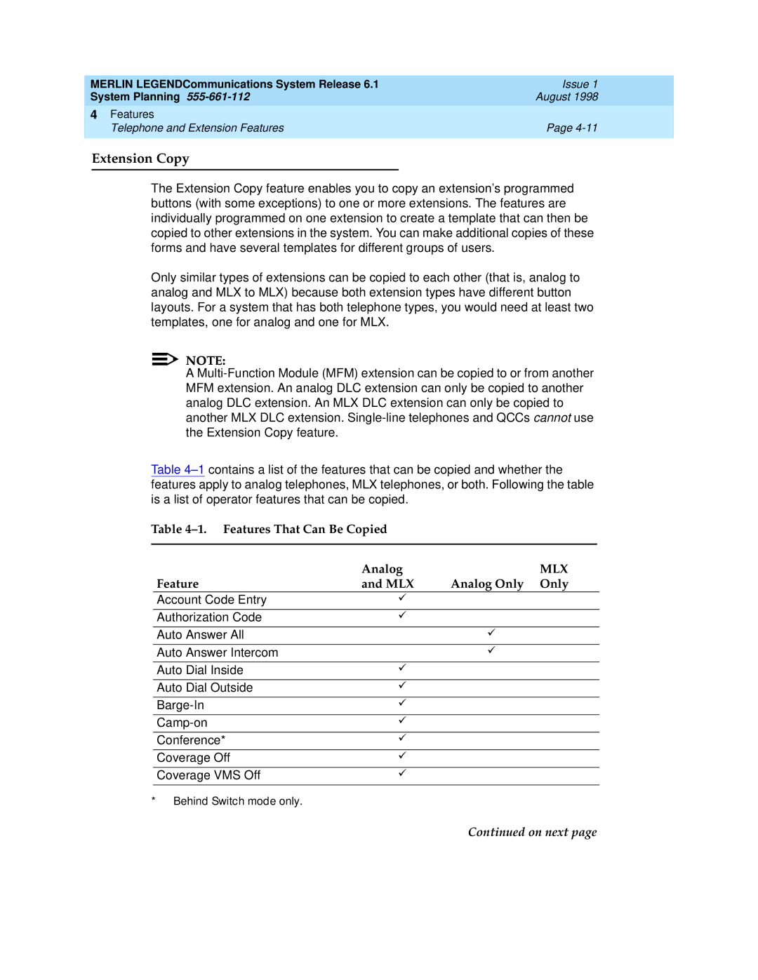 Lucent Technologies 6.1 manual Extension Copy, Features That Can Be Copied Analog, Feature MLX Analog Only Only 