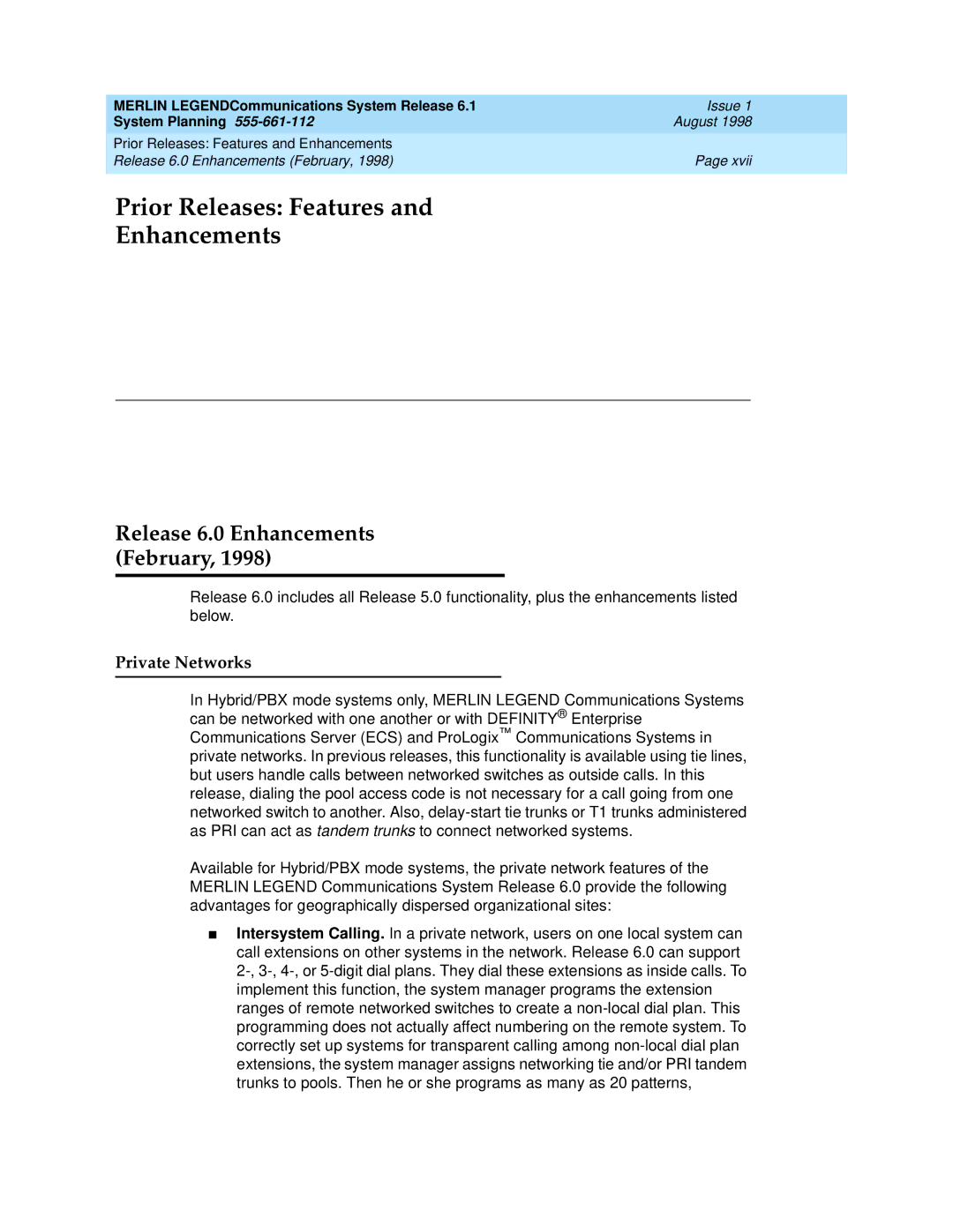 Lucent Technologies 6.1 manual Prior Releases Features Enhancements, Private Networks 