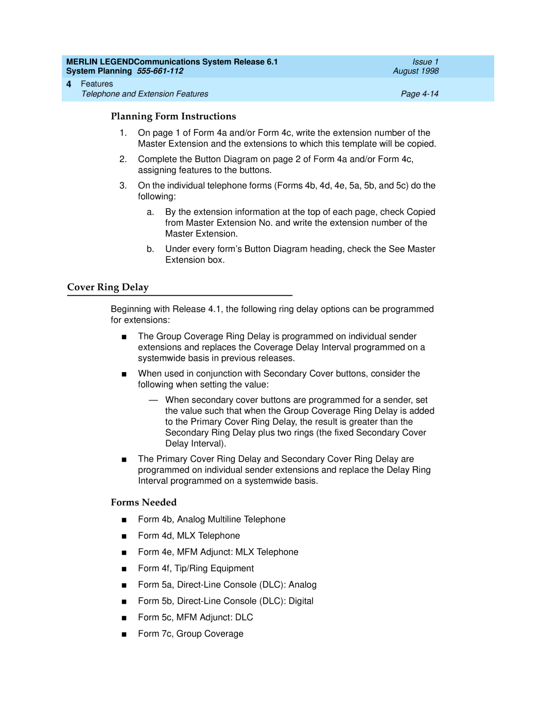 Lucent Technologies 6.1 manual Planning Form Instructions, Cover Ring Delay 