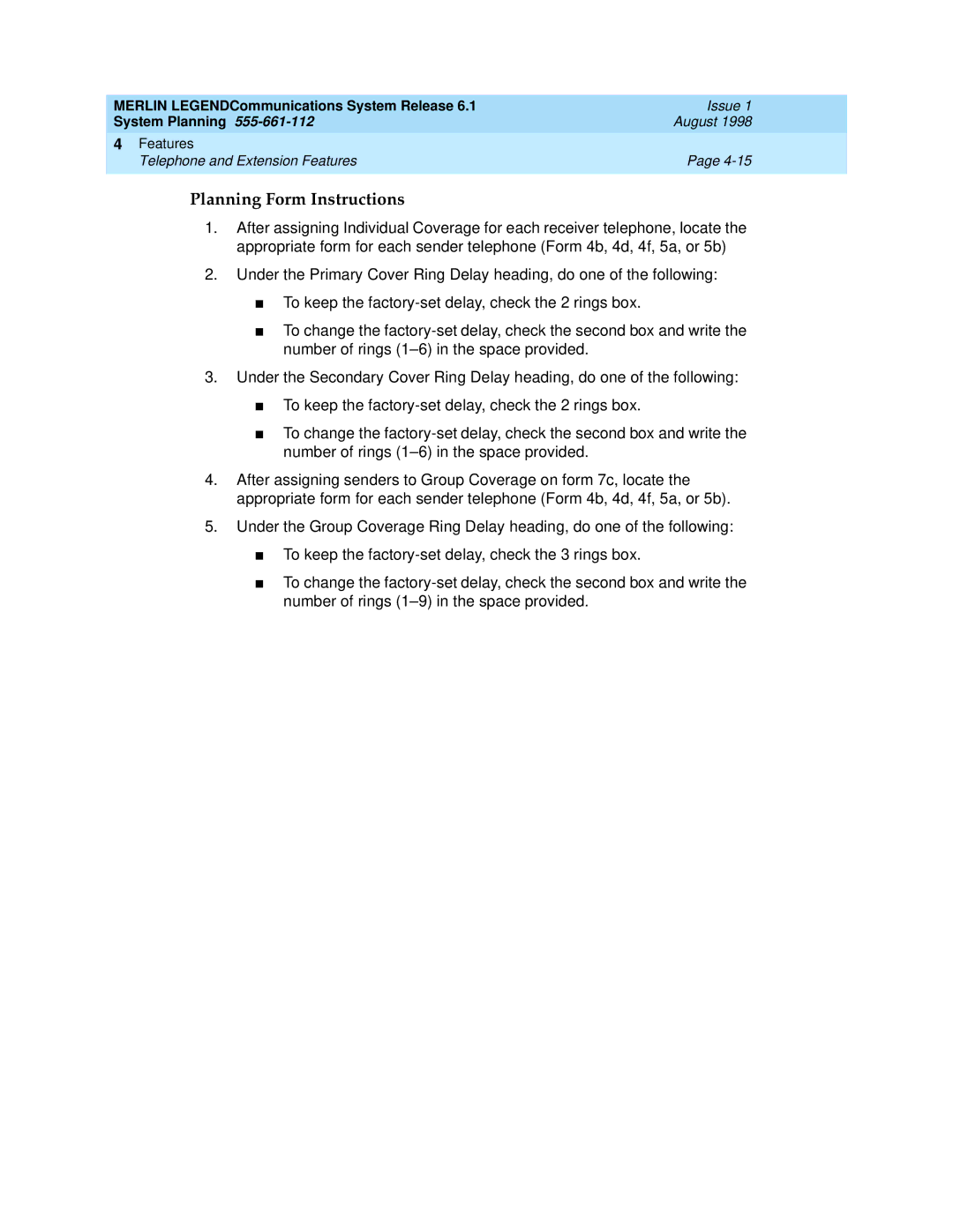 Lucent Technologies 6.1 manual Planning Form Instructions 