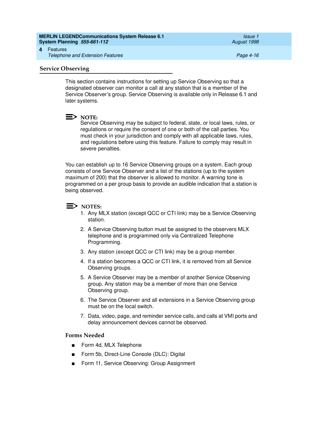 Lucent Technologies 6.1 manual Service Observing 