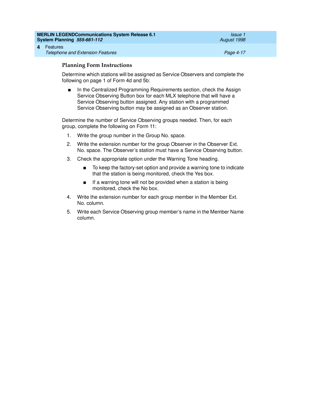 Lucent Technologies 6.1 manual Planning Form Instructions 