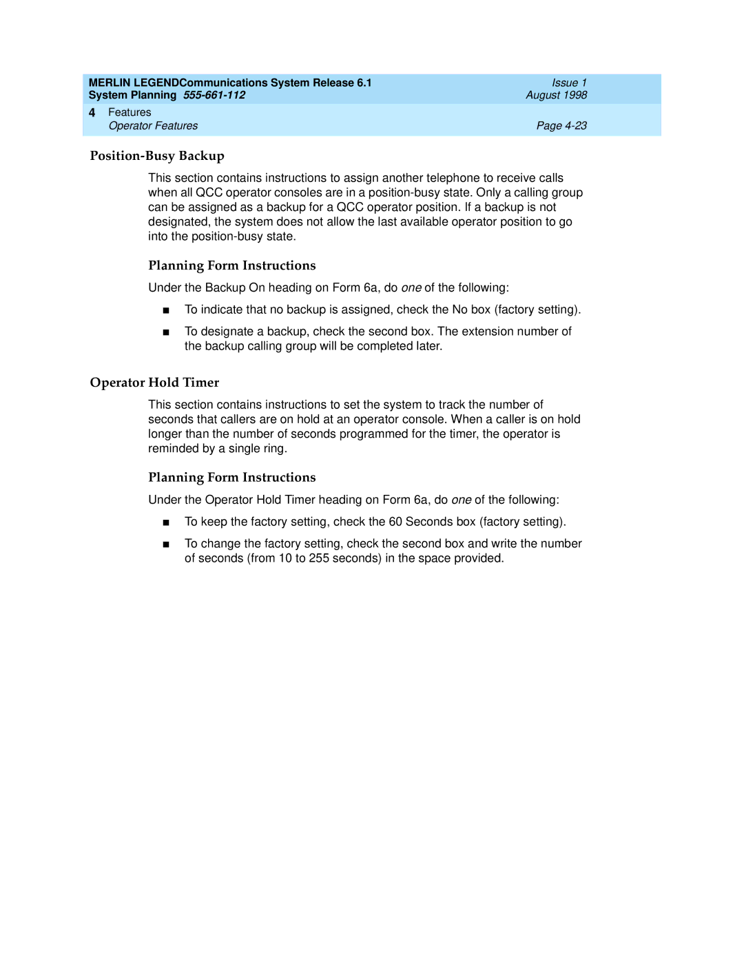 Lucent Technologies 6.1 manual Position-Busy Backup, Operator Hold Timer 