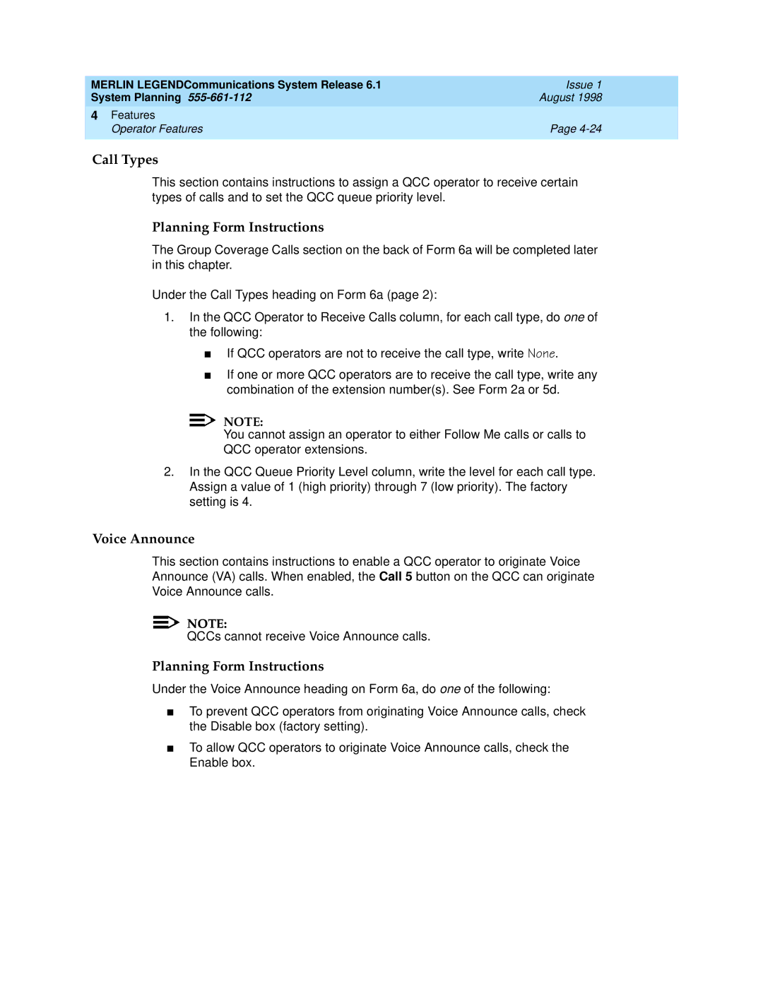 Lucent Technologies 6.1 manual Call Types, Voice Announce 