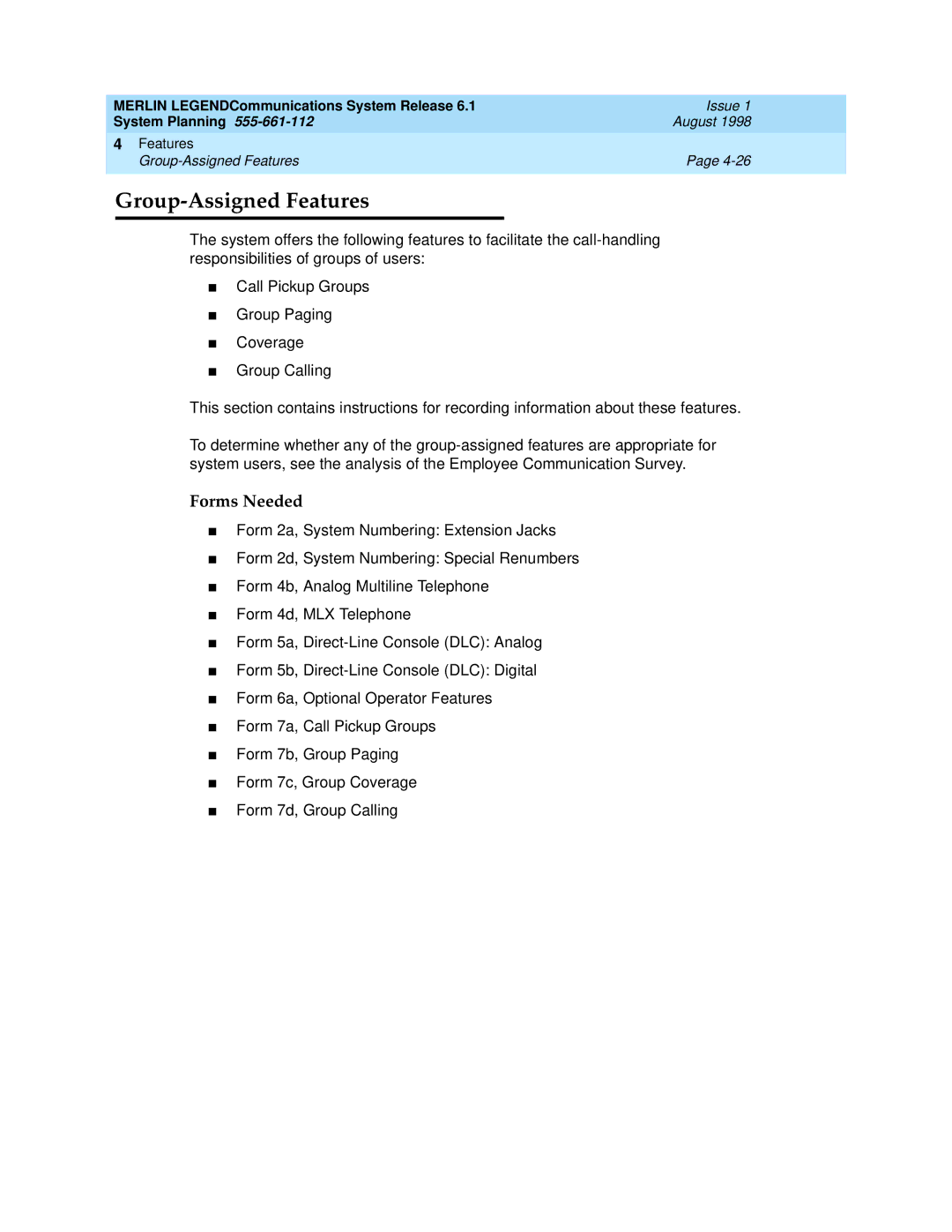 Lucent Technologies 6.1 manual Group-Assigned Features, Forms Needed 