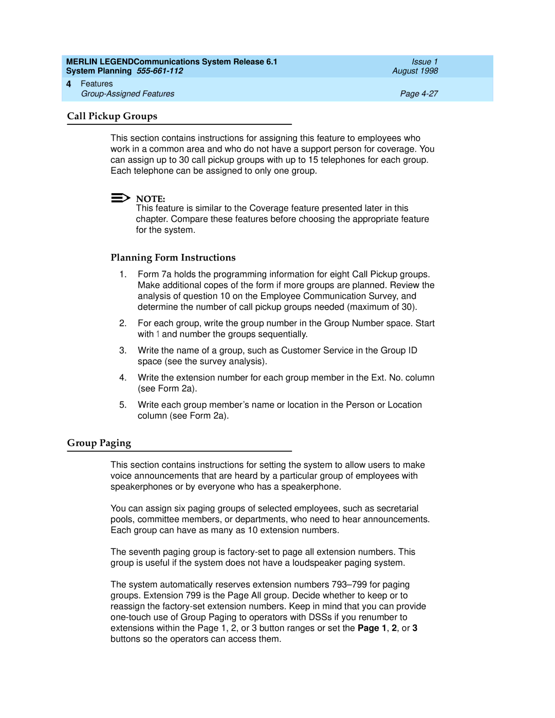 Lucent Technologies 6.1 manual Call Pickup Groups, Group Paging 