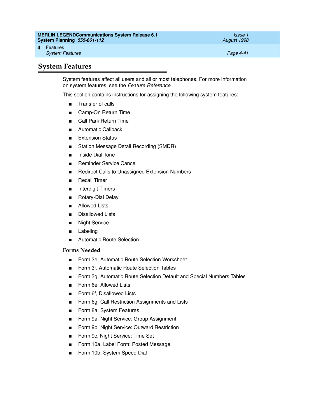 Lucent Technologies 6.1 manual System Features, Forms Needed 