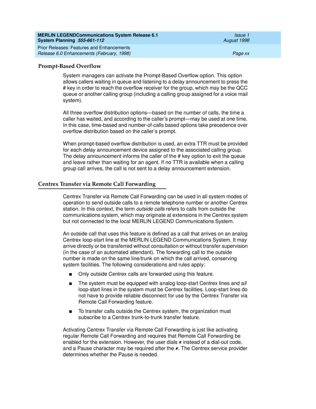 Lucent Technologies 6.1 manual Prompt-Based Overflow, Centrex Transfer via Remote Call Forwarding 