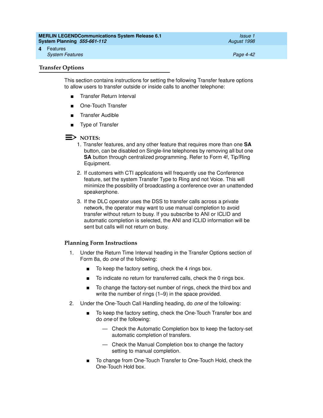 Lucent Technologies 6.1 manual Transfer Options, Planning Form Instructions 