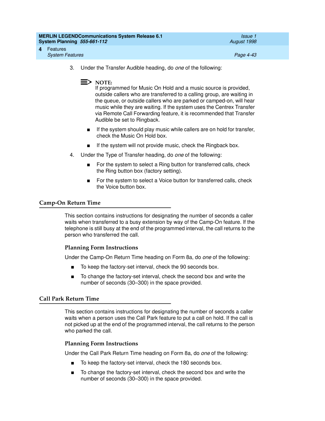 Lucent Technologies 6.1 manual Camp-On Return Time, Call Park Return Time 