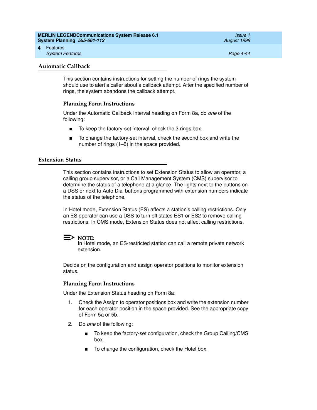 Lucent Technologies 6.1 manual Automatic Callback, Extension Status 