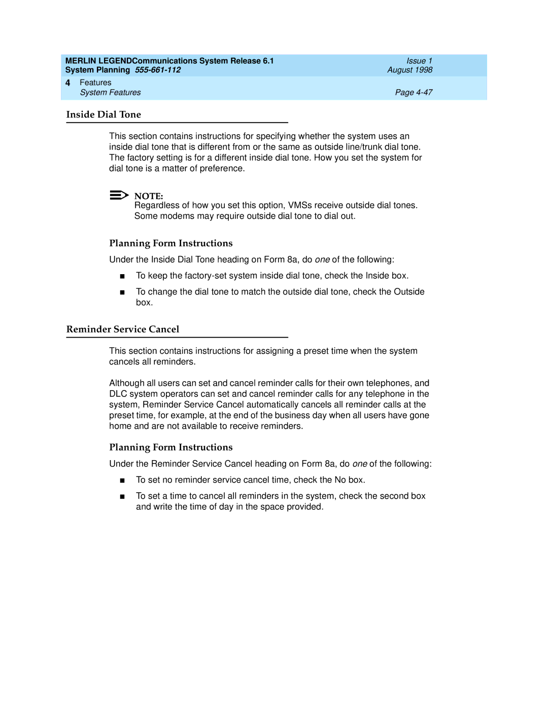 Lucent Technologies 6.1 manual Inside Dial Tone, Reminder Service Cancel 