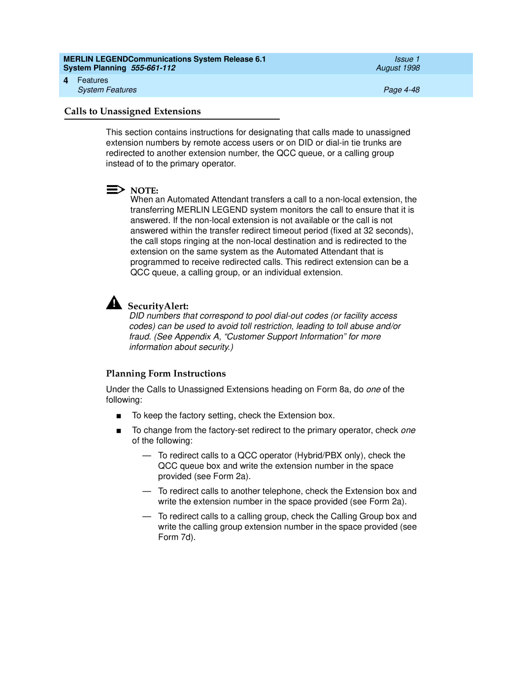 Lucent Technologies 6.1 manual Calls to Unassigned Extensions, SecurityAlert 