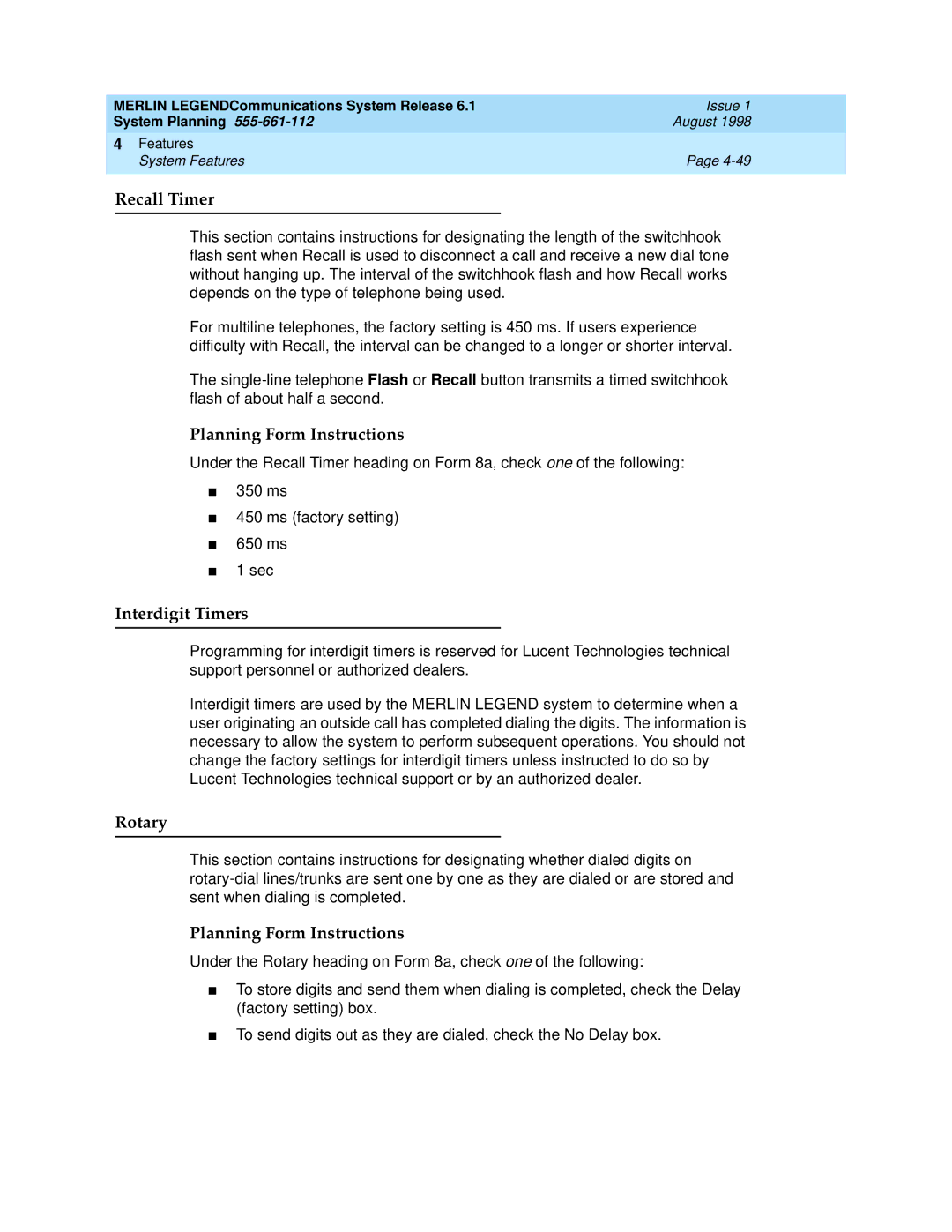 Lucent Technologies 6.1 manual Recall Timer, Interdigit Timers, Rotary 