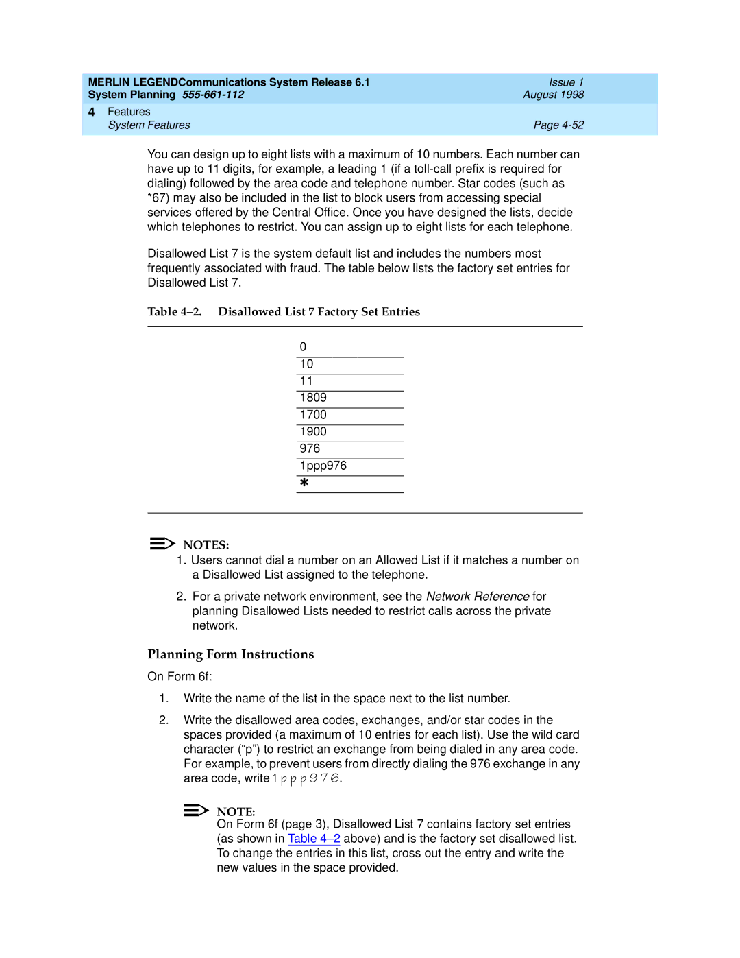 Lucent Technologies 6.1 manual Disallowed List 7 Factory Set Entries 