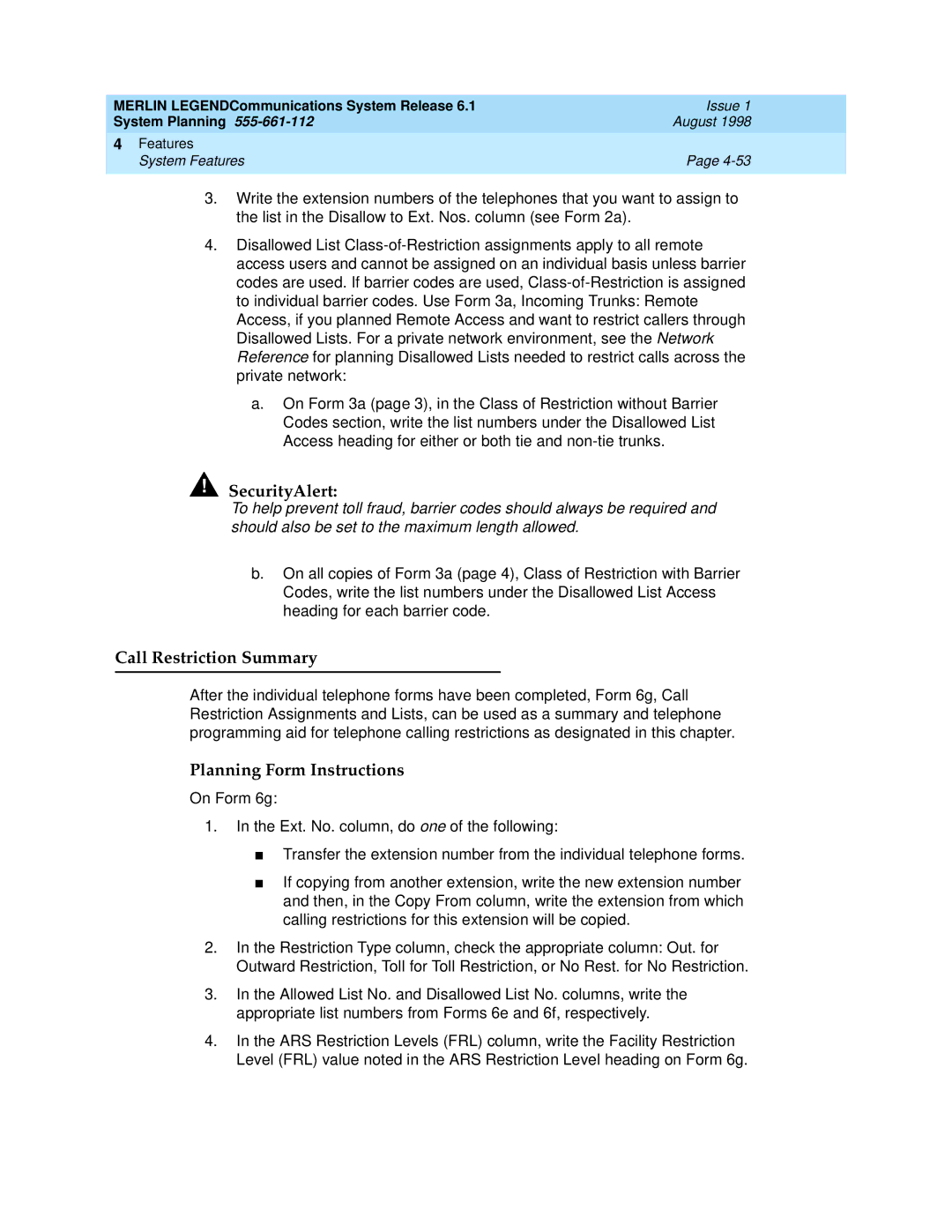 Lucent Technologies 6.1 manual Call Restriction Summary 