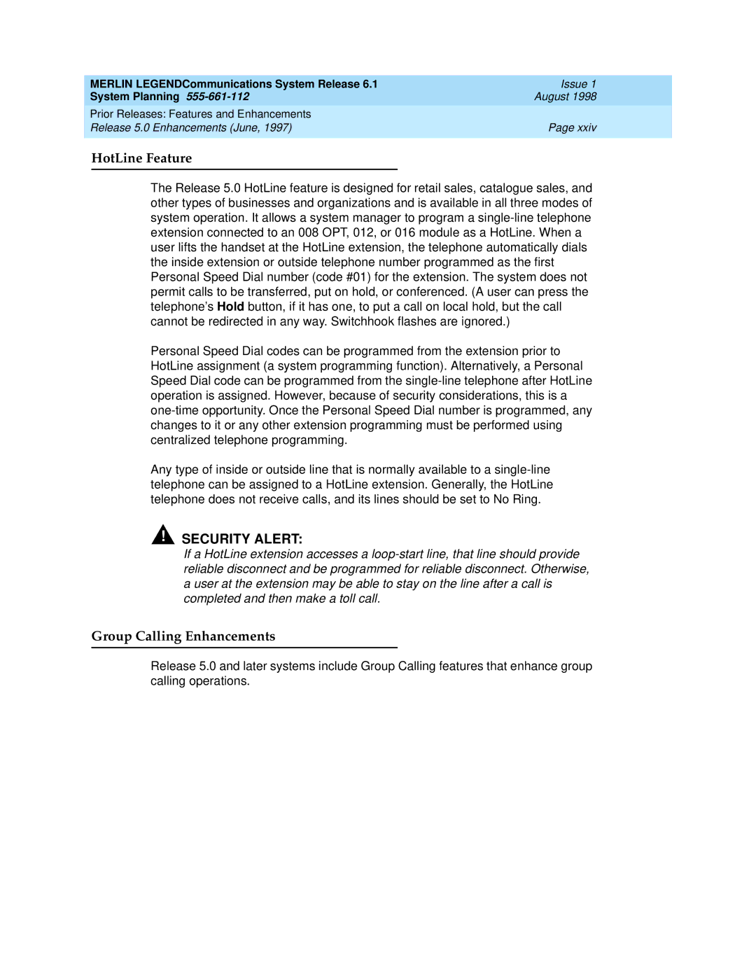 Lucent Technologies 6.1 manual HotLine Feature, SECURITYlALERT 