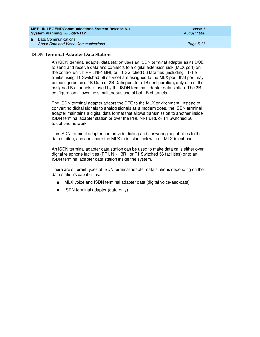 Lucent Technologies 6.1 manual Isdn Terminal Adapter Data Stations 