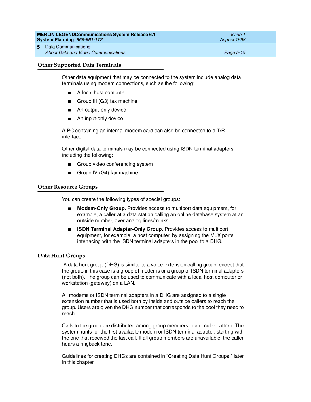 Lucent Technologies 6.1 manual Other Supported Data Terminals, Other Resource Groups, Data Hunt Groups 