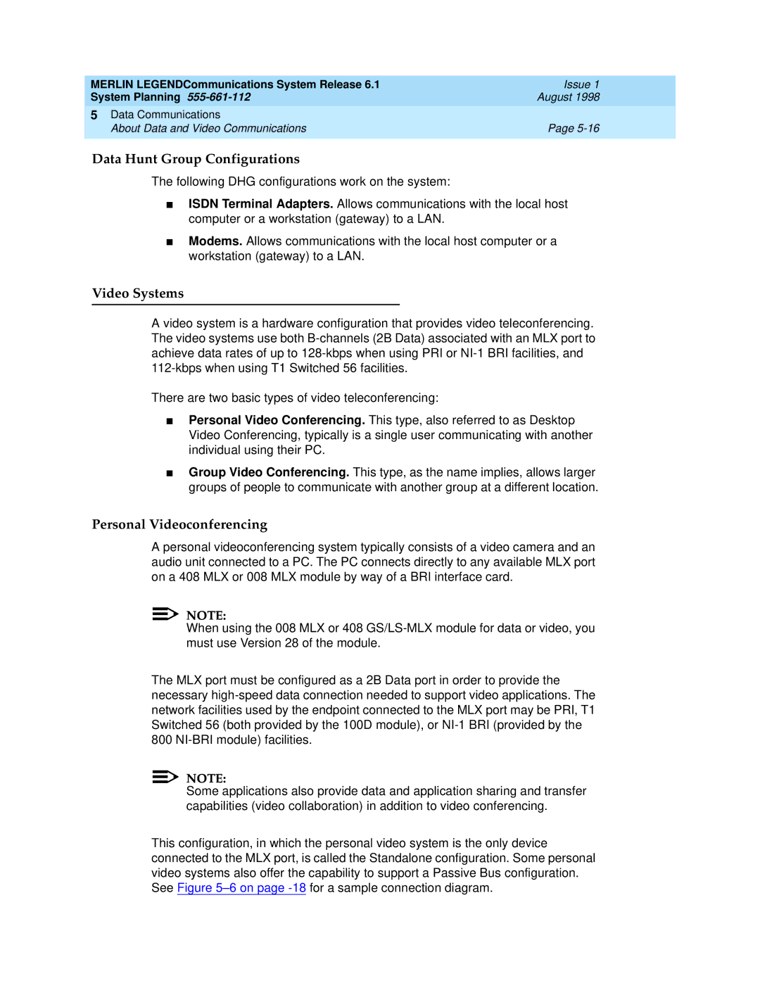 Lucent Technologies 6.1 manual Data Hunt Group Configurations, Video Systems, Personal Videoconferencing 