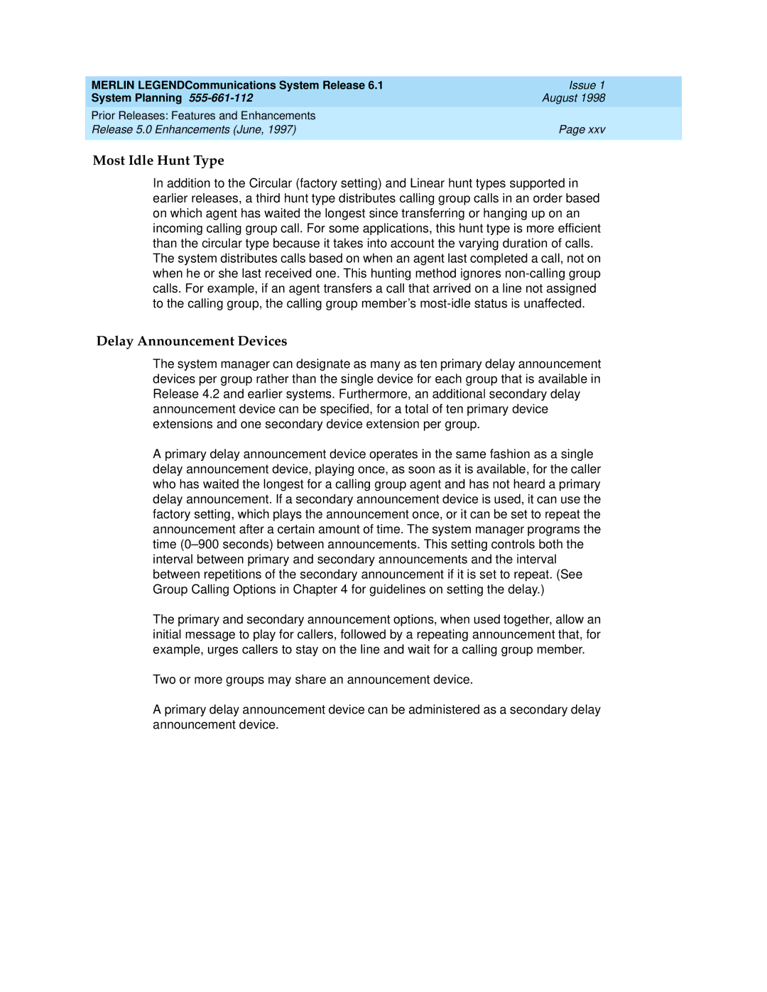 Lucent Technologies 6.1 manual Most Idle Hunt Type, Delay Announcement Devices 