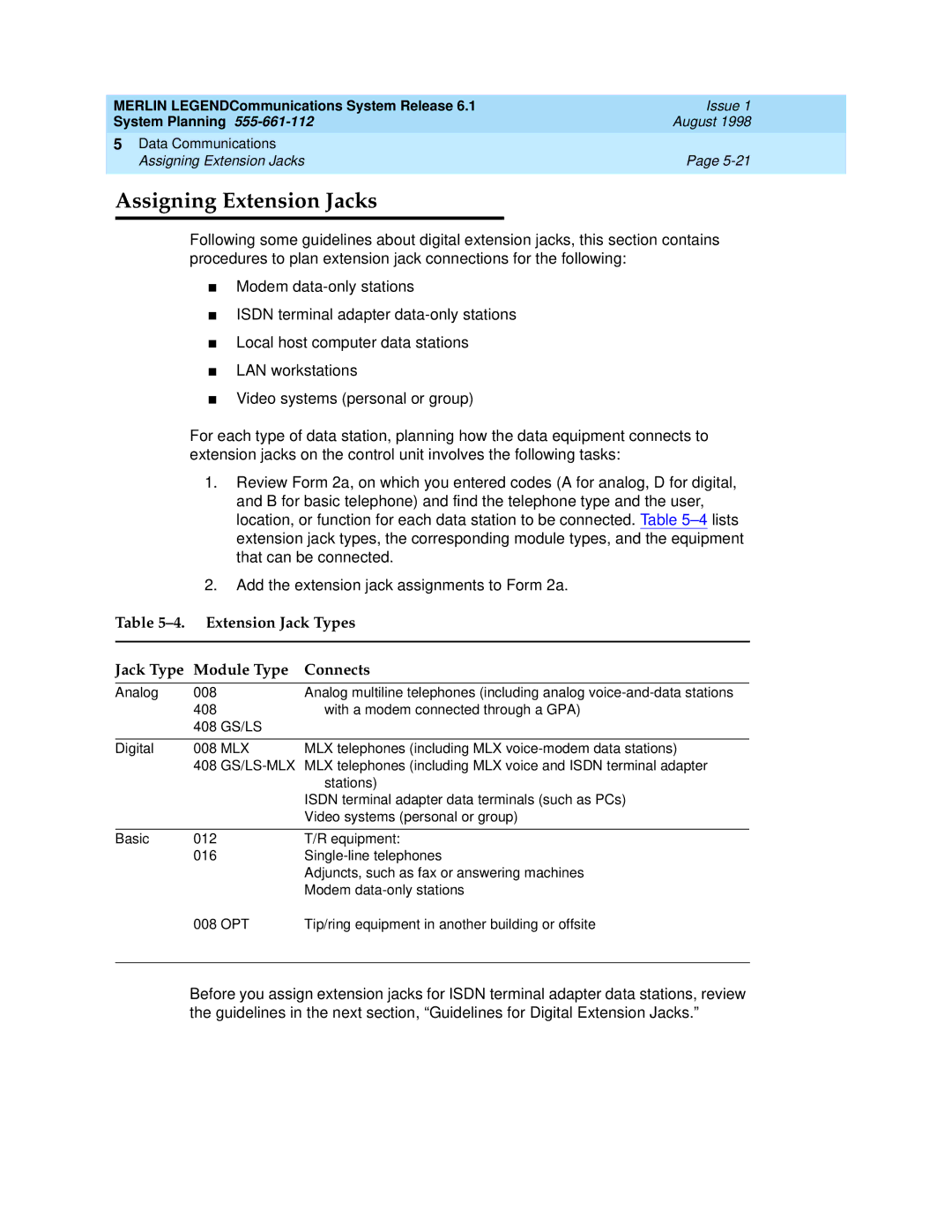 Lucent Technologies 6.1 manual Assigning Extension Jacks, Extension Jack Types Module Type Connects 