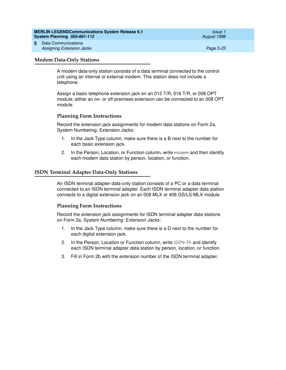 Lucent Technologies 6.1 manual Modem Data-Only Stations, Isdn Terminal Adapter Data-Only Stations 