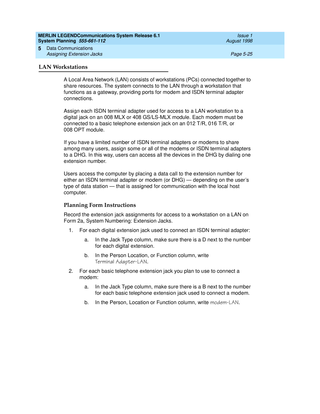 Lucent Technologies 6.1 manual LAN Workstations, Terminal Adapter-LAN 