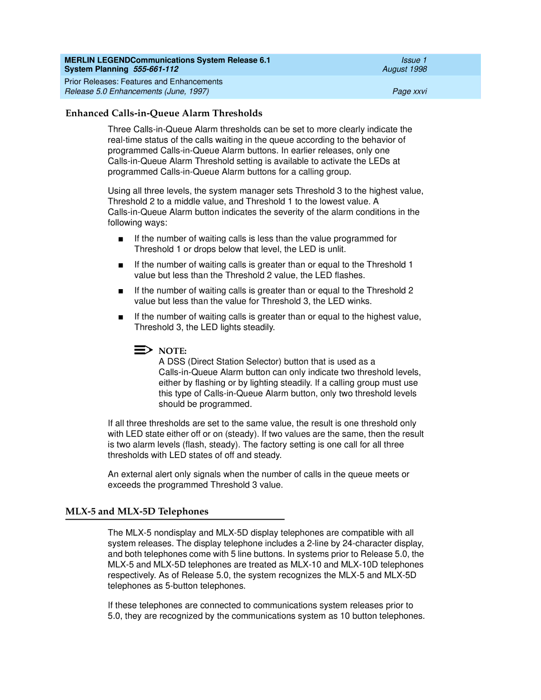 Lucent Technologies 6.1 manual Enhanced Calls-in-Queue Alarm Thresholds, MLX-5 and MLX-5D Telephones 