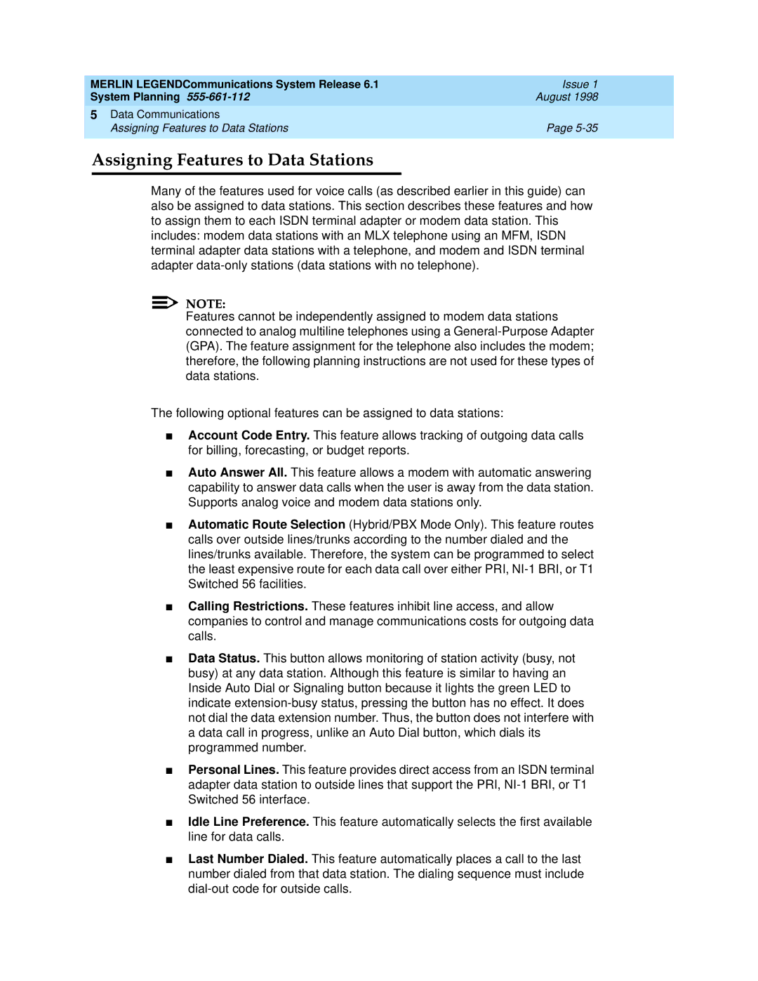 Lucent Technologies 6.1 manual Assigning Features to Data Stations 