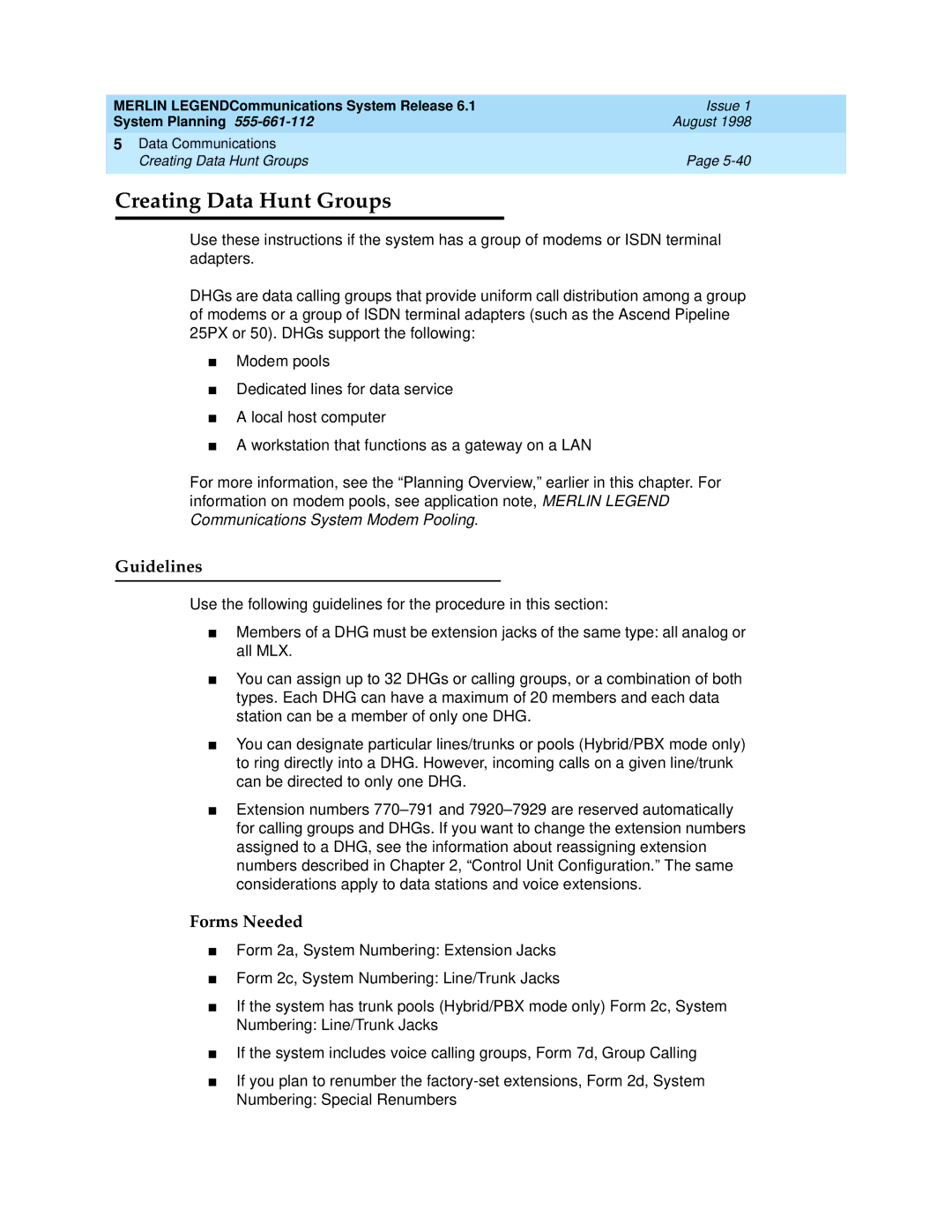 Lucent Technologies 6.1 manual Creating Data Hunt Groups, Guidelines 