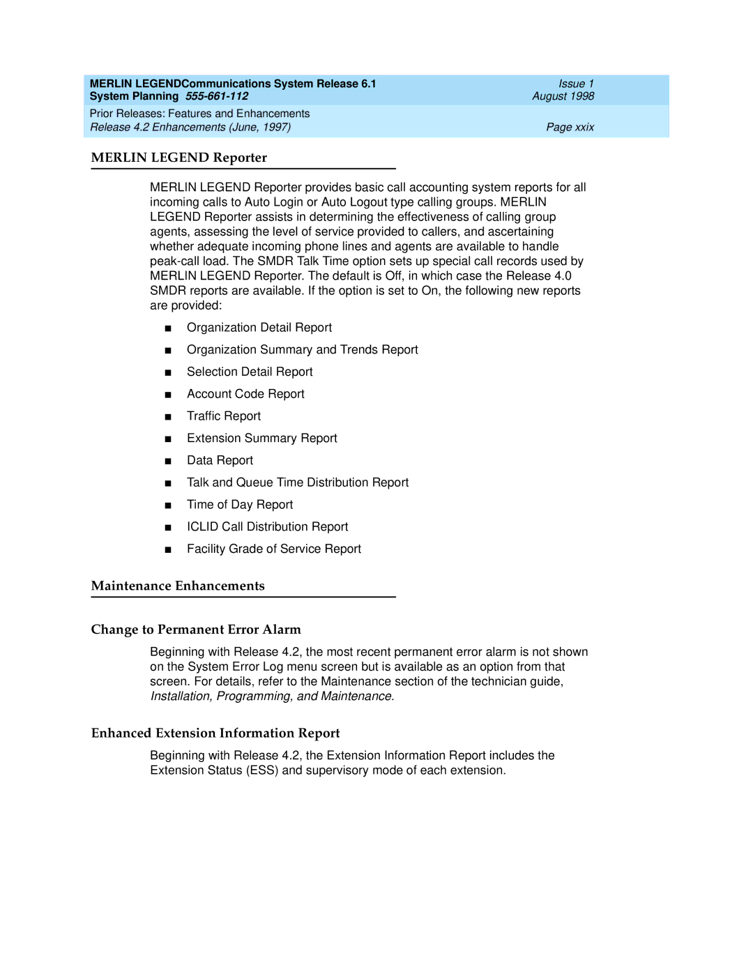 Lucent Technologies 6.1 manual Merlin Legend Reporter, Maintenance Enhancements Change to Permanent Error Alarm 