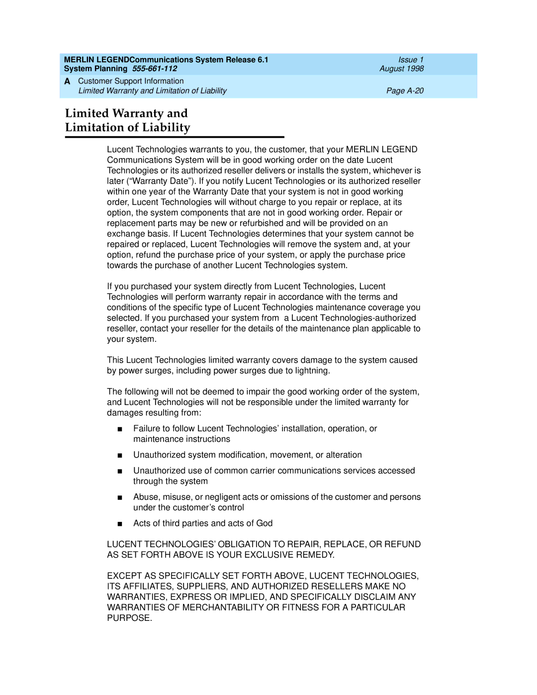 Lucent Technologies 6.1 manual Limited Warranty Limitation of Liability 