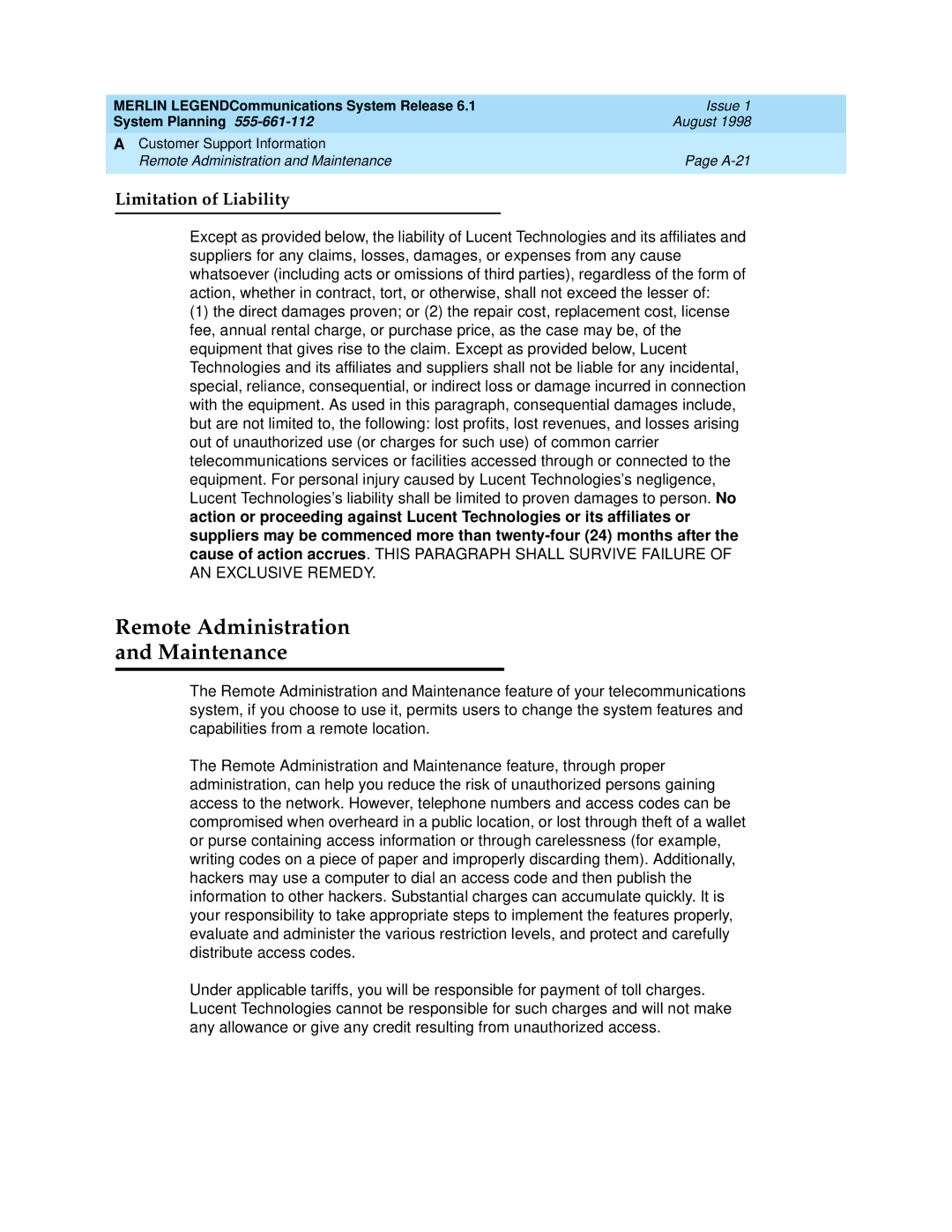 Lucent Technologies 6.1 manual Remote Administration Maintenance, Limitation of Liability 