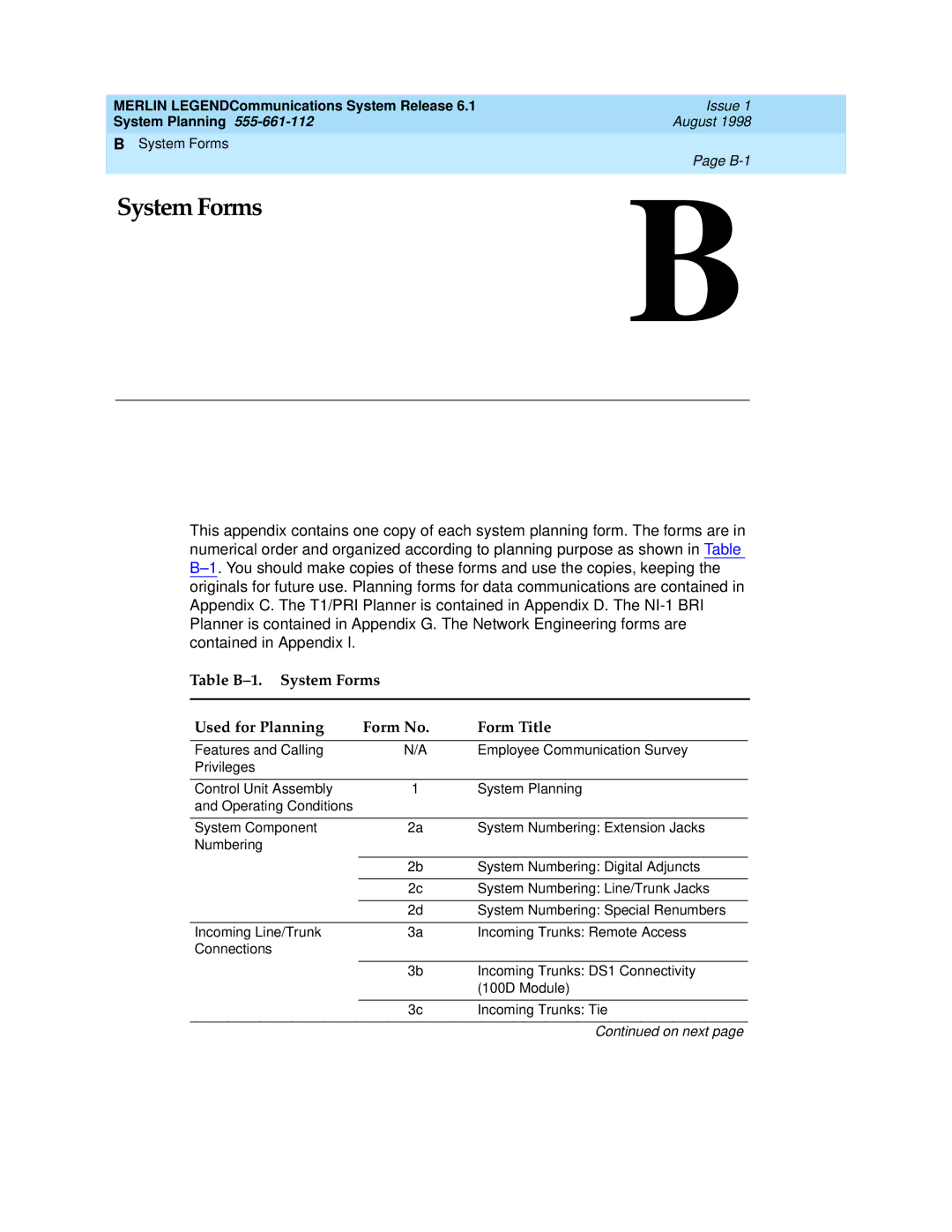 Lucent Technologies 6.1 manual BSystem Forms 