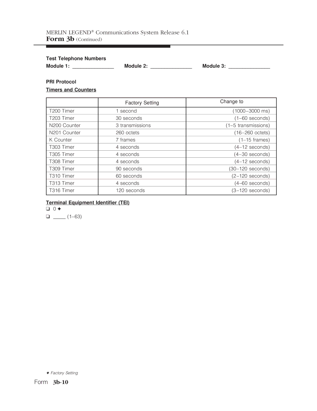 Lucent Technologies 6.1 manual Form 3b-10, Terminal Equipment Identifier TEI 